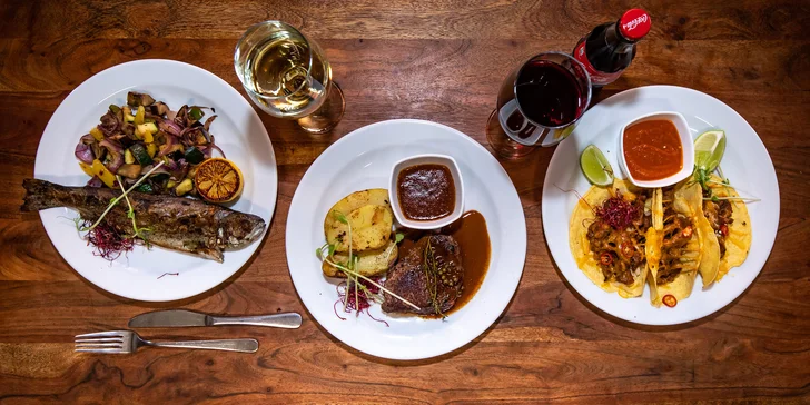 Mäsové špeciality: grilovaný pstruh, hovädzie taco alebo steak