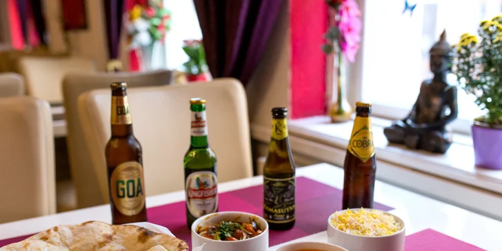 Vegetariánske alebo kuracie špeciality s prílohou + indické pivo