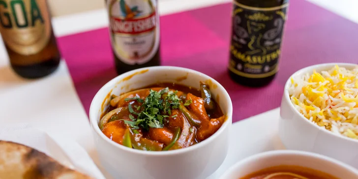 Vegetariánske alebo kuracie špeciality s prílohou + indické pivo
