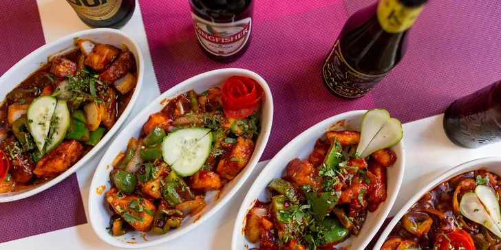 Vegetariánske alebo kuracie špeciality s prílohou + indické pivo