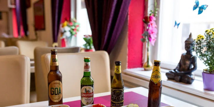 Vegetariánske alebo kuracie špeciality s prílohou + indické pivo