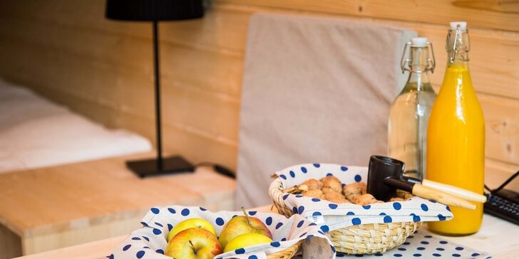 Luxusný glamping s raňajkami: drevený domček v lese až pre 4 osoby, horúca kaďa na terase, sauna i masáž