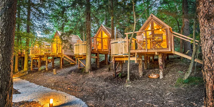 Luxusný glamping s raňajkami: drevený domček v lese až pre 4 osoby, horúca kaďa na terase, sauna i masáž