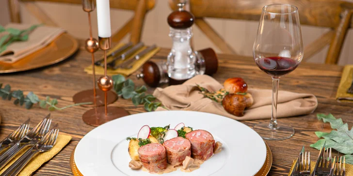 Vegetariánske alebo mäsové 3-chodové menu s degustáciou vín