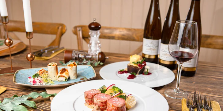 Vegetariánske alebo mäsové 3-chodové menu s degustáciou vín