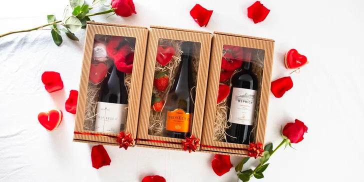 Romantické boxy: prosecco, víno či rum+sviečka, šumivá bomba alebo i putá