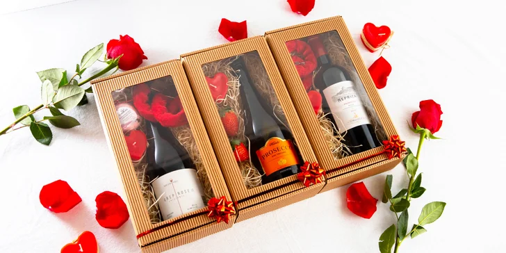 Romantické boxy: prosecco, víno či rum+sviečka, šumivá bomba alebo i putá