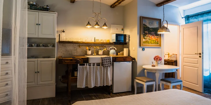 Štýlový apartmán v centre historickej Banskej Štiavnice: moderný dizajn, plne vybavená kuchyňa a kúpeľňa, pet friendly