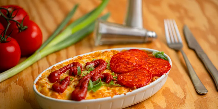 Mac&Cheese original, so slaninou či zeleninou, pestom a prosciuttom či pepperoni pizza style