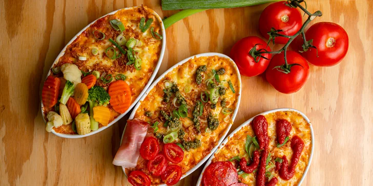 Mac&Cheese original, so slaninou či zeleninou, pestom a prosciuttom či pepperoni pizza style