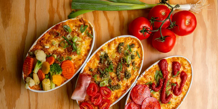 Mac&Cheese original, so slaninou či zeleninou, pestom a prosciuttom či pepperoni pizza style