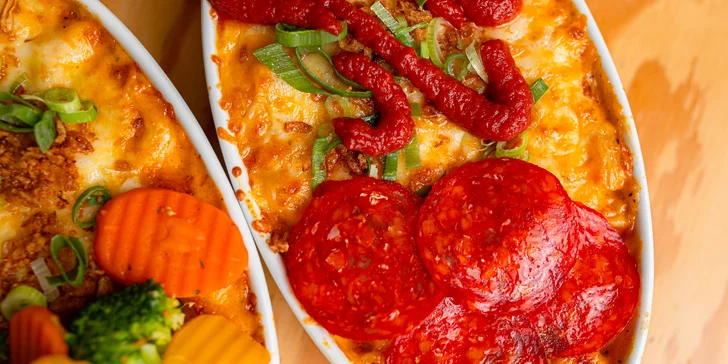 Mac&Cheese original, so slaninou či zeleninou, pestom a prosciuttom či pepperoni pizza style