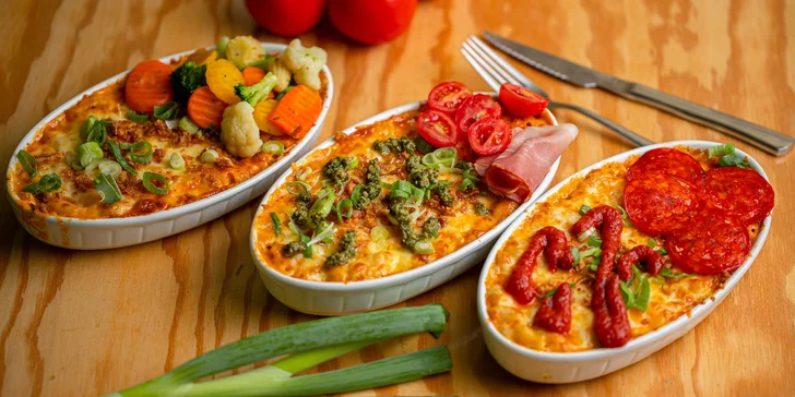 Mac&Cheese original, so slaninou či zeleninou, pestom a prosciuttom či pepperoni pizza style