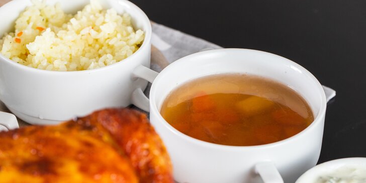 Celé chrumkavé grilované kura s ryžou, šalátom aj polievkou - osobný odber aj rozvoz