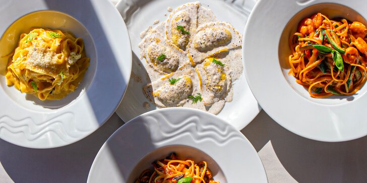 4 druhy lahodných cestovín v talianskej reštaurácii La Piazza: s krevetami, morskými plodmi či hľuzovkou