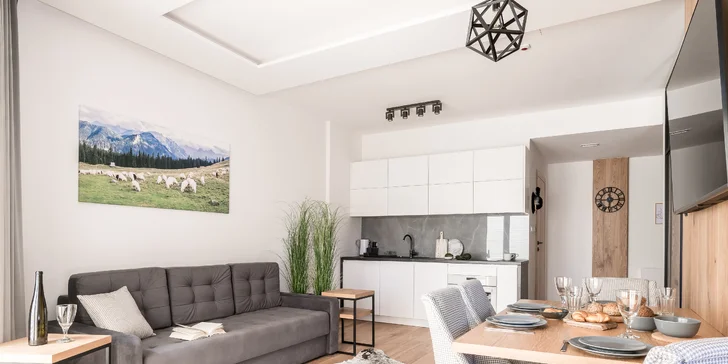 Luxusný pobyt neďaleko Zakopaného: moderné apartmány s výhľadom na Tatry, chutná strava, relax vo wellness, detský kútik či biliard