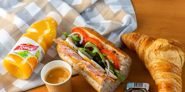 Celodenné raňajky s bagetou a croissantom alebo obed so šalátom a dezertom