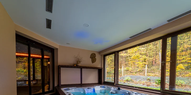 Wellness Zlatý Hýľ: sauny, plavecký & rekreačný bazén aj jacuzzi s výhľadom na les
