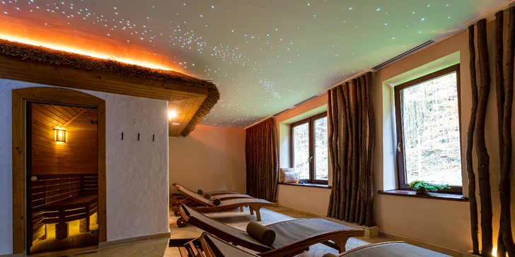 Wellness Zlatý Hýľ: sauny, plavecký & rekreačný bazén aj jacuzzi s výhľadom na les