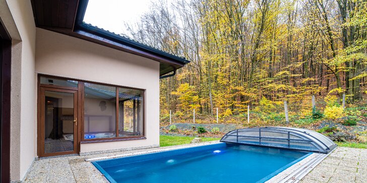 Wellness Zlatý Hýľ: sauny, plavecký & rekreačný bazén aj jacuzzi s výhľadom na les