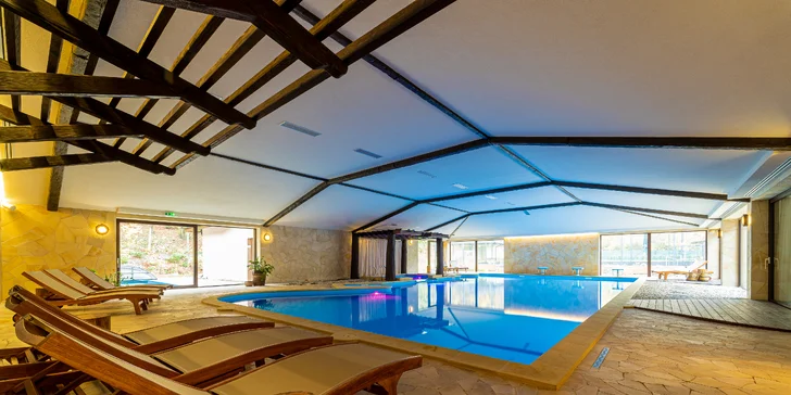 Wellness Zlatý Hýľ: sauny, plavecký & rekreačný bazén aj jacuzzi s výhľadom na les