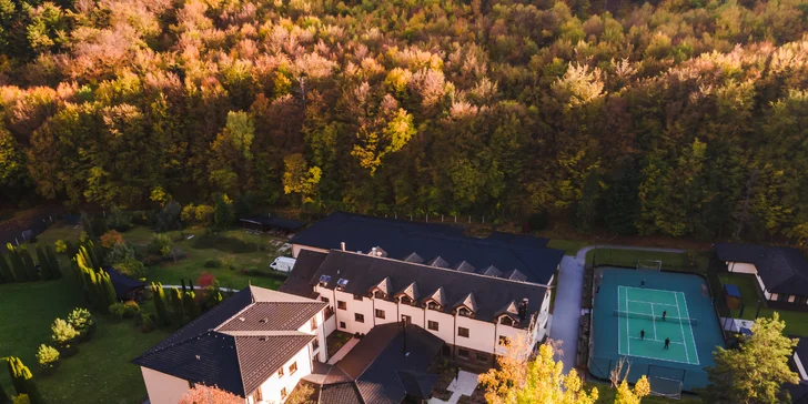 Wellness Zlatý Hýľ: sauny, plavecký & rekreačný bazén aj jacuzzi s výhľadom na les
