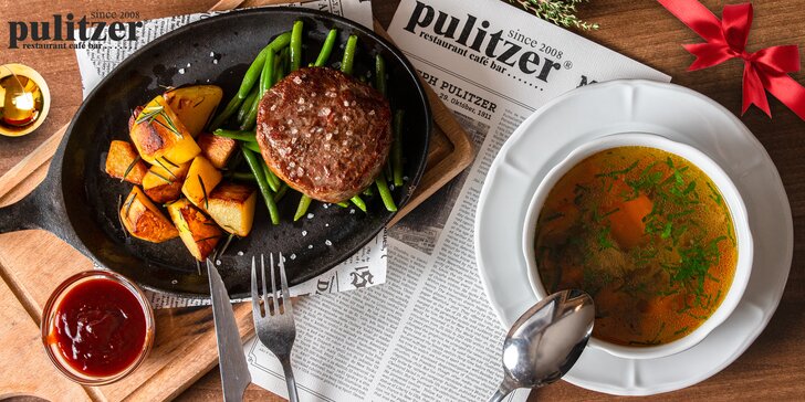 Vianočný gurmánsky špeciál: Hovädzí steak s prílohou a polievkou v Pulitzeri