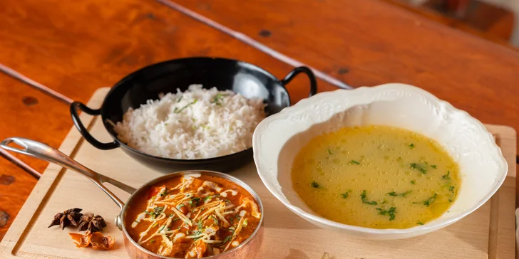 Autentická indická večera: Panner butter alebo kuracia tikka masala, Butter Chicken, vegetariánske, mäsové aj degustačné menu