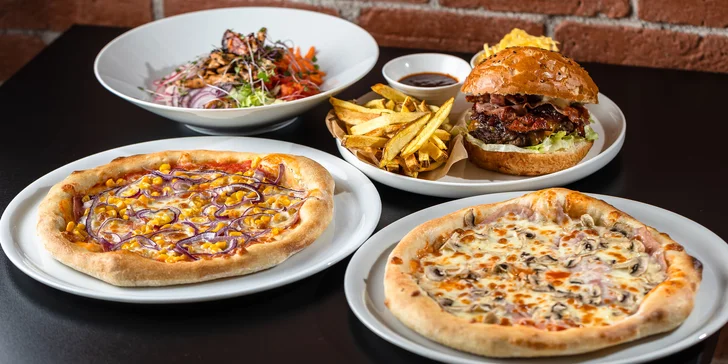 5 druhov chrumkavej pizze, teriyaki bowl s kuracím mäsom alebo tofu či šťavnatý burger s domácimi hranolčekmi