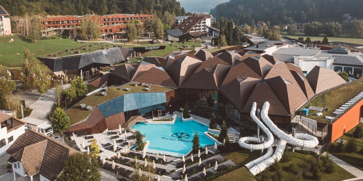 Termály Olimia: hotel s polpenziou, neobmedzený vstup do kúpeľov a najväčší rodinný wellness v Slovinsku