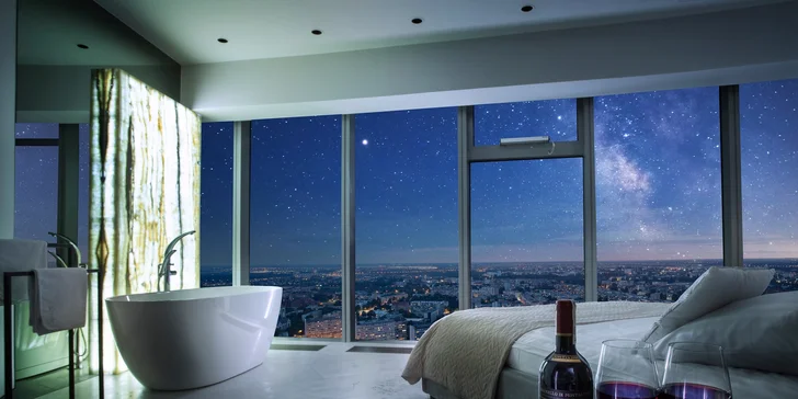 Luxusné apartmány v Sky Tower: najvyššia budova Vroclavu a nedávno aj Poľska, možnosť jacuzzi
