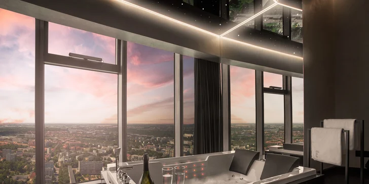 Luxusné apartmány v Sky Tower: najvyššia budova Vroclavu a nedávno aj Poľska, možnosť jacuzzi