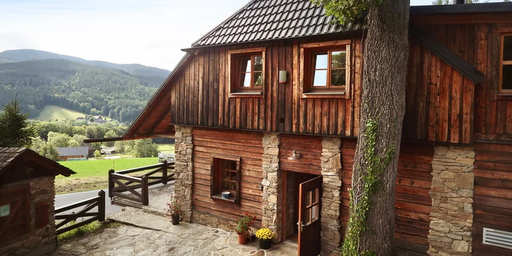 Rozprávkové ubytovanie v šumavskej zrubovej chate: výhľad na Kráľovský Hvozd, možnosť raňajok