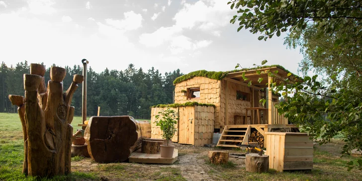 Romantika na brehu rybníka: dokonalý oddych v útulnej maringotke, kúpele v kmeni jaseňa