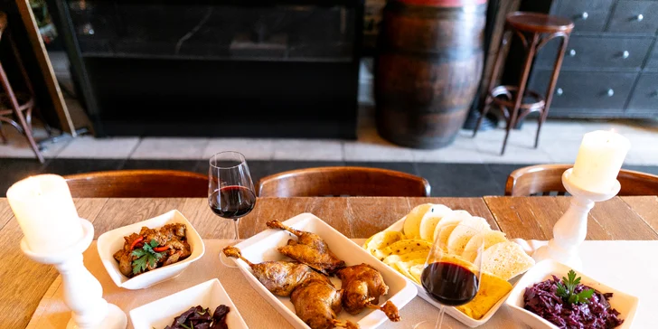 Kačacie hody s pohárom vína pre 4 osoby v Pilsner Restaurant u Kemov