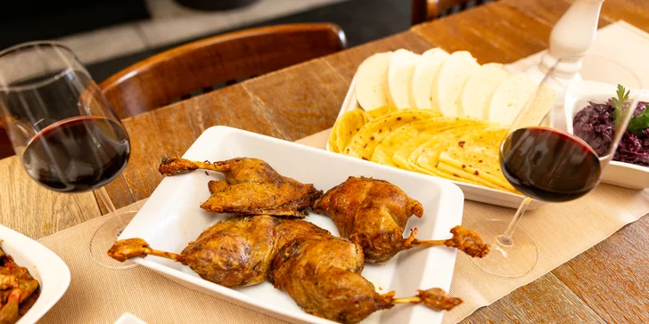 Kačacie hody s pohárom vína pre 4 osoby v Pilsner Restaurant u Kemov