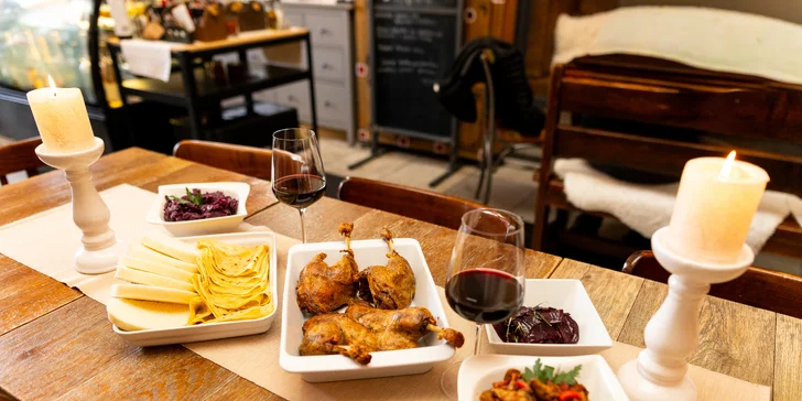 Kačacie hody s pohárom vína pre 4 osoby v Pilsner Restaurant u Kemov