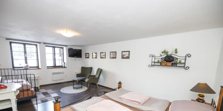 Apartmány v srdci Třebone až pre 4 osoby: výhľad na Zlatú stoku, vstup do Múzea marcipánu