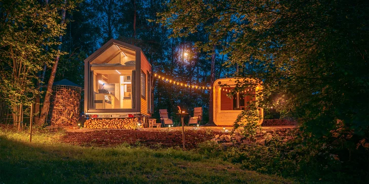 Tiny house na Vysočine: krásna lokalita na samote, sauna, gril a komfortné vybavenie