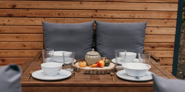 Plne vybavený tiny house na brehu rieky Ohře: terasa s grilom aj ohniskom