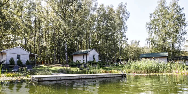 Útulné chatky pri rybníku na úpätí Orlických hôr pre pár aj rodinu: jedlo, sauny a biotop
