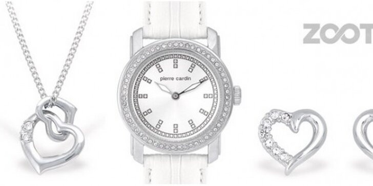 46,92 eur za LUXUSNÝ SET šperkov a hodiniek PIERRE CARDIN. Kvalitné rhódium, kožený remienok a biele krištále so zľavou 53%!