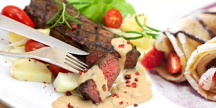 11,90 za steak na nivovej omáčke s americkým zemiačkami a jahodovými palacinkami pre DVOCH. Vychutnajte si pravý gurmánsky zážitok  so zľavou 60%!