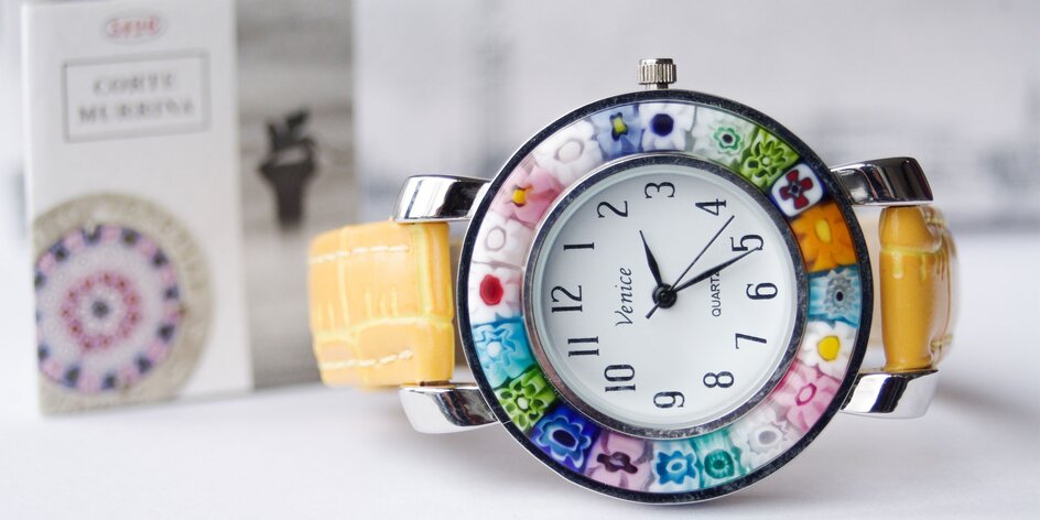 Náramkové hodinky z muránského skla ručne vyrobené v Taliansku
