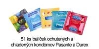 51 ks Balíček ochutených a chladených kondómov Pasante a Durex