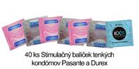 40 ks Stimulačný balíček tenkých kondómov Pasante EXS a Durex