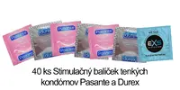 40 ks Stimulačný balíček tenkých kondómov Pasante EXS a Durex