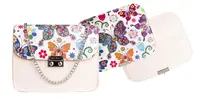 2-dizajnová Dámska crossbody kabelka s 2 vymeniteľnými klopami (strieborné prevedenie) | Svetloružová / Motívy: ružový + motýľ strieborný