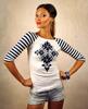 Dámske tričko slovenského výrobcu LucLac "Blue Folk" | Veľkosť: XS | Modrá + biela