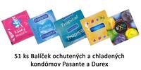 51 ks Balíček ochutených a chladených kondómov Pasante a Durex